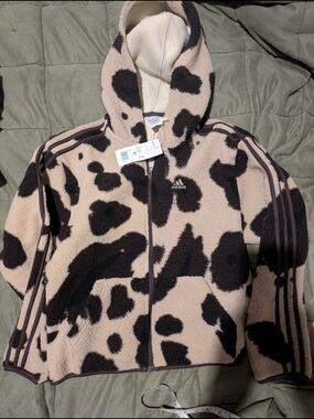 Nwts Rare adidas Multicolor Beige and Dark Brown Fuzzy Sherpa Full Zip Jacket